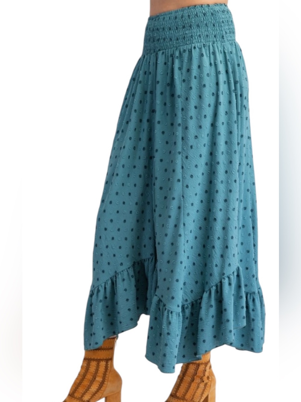 Easel Boho Dot Pop Embossed Teal Ruffle Smocked Waist Skirt